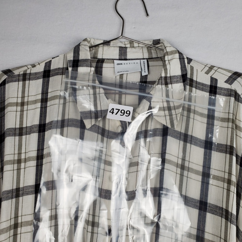 Asos Design Mini Skater Shirt Dress Women 12 CreamBlack Plaid Cotton Drawstring - Picture 15 of 16